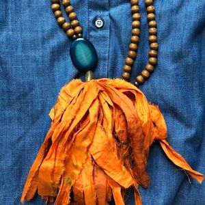 Wood and Blue Tassel Necklace